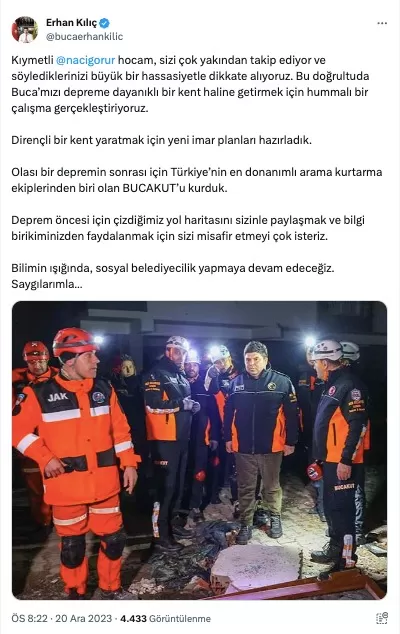 Buca Belediye Başkanı Erhan Kılıç, kenti depreme karşı güçlendirmek amacıyla İzmir Yüksek Teknoloji Enstitüsü ile iş birliği yaparak deprem ve risk haritasını çıkarttı.