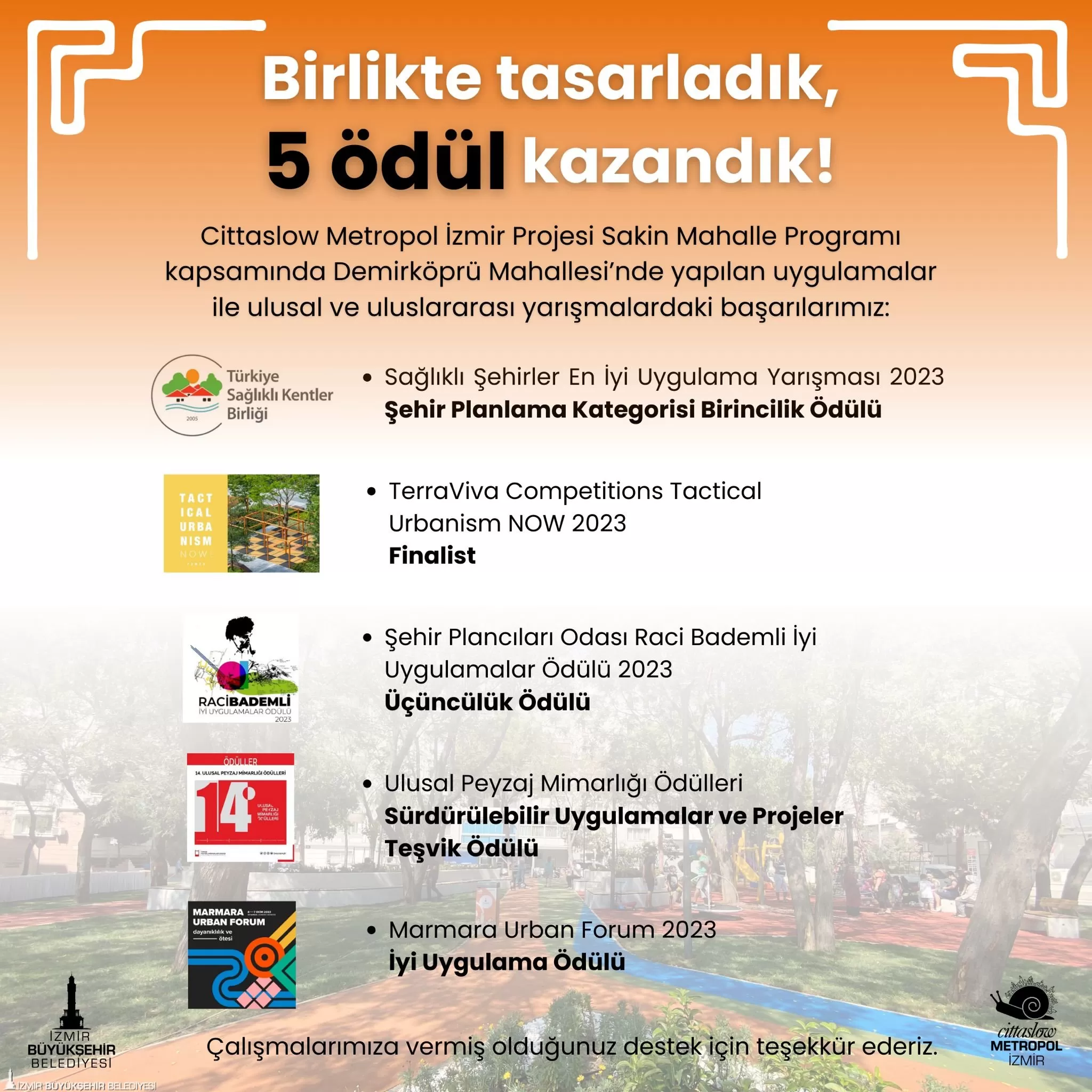 İzmir Büyükşehir Belediyesi, Cittaslow Metropol projesi kapsamında hayata geçirdiği Sakin Mahalle programıyla uluslararası yarışmalarda 5 ödül kazandı. 