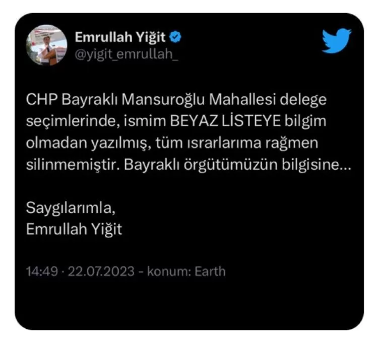 Cumhuriyet Halk Partisi delege seçimlerinde gençlik kotası doldurulması için, CHP örgütüne üye olan Emrullah Yiğit isimli genç partilinin ismi izinsiz listeye eklendi.