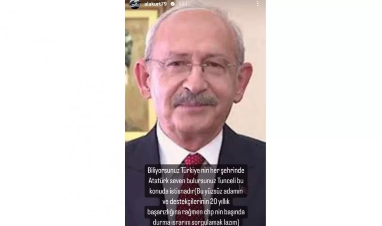 Oyuncu Mehmet Akif Alakurt, sosyal medyada yaptığı paylaşımlarla CHP Genel Başkanı Kemal Kılıçdaroğlu'nu hedef aldı. Daha önce de kadınlara yönelik cinsiyetçi söylemleri nedeniyle tepki çekmişti.