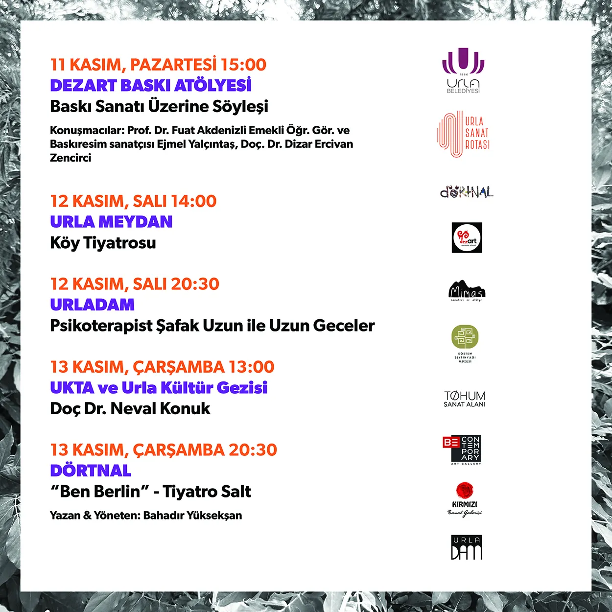 Urla Sanat Haftası 6-13 Kasım'da başlıyor! Sergiler, konserler, tiyatro gösterimleri ve atölyelerle dolu etkinlikler, Urla'nın farklı noktalarında sanatseverleri bekliyor.