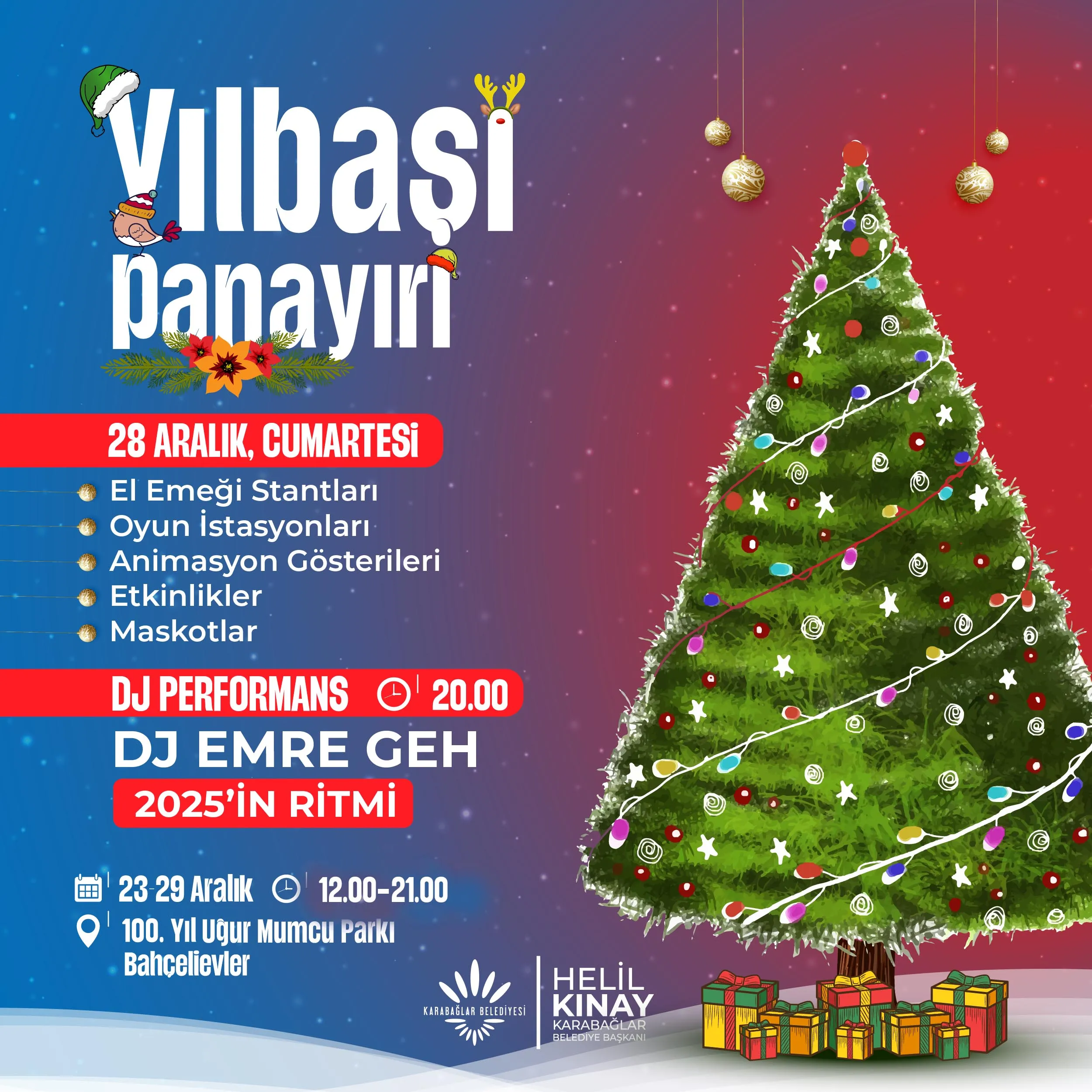 Karabağlar Belediyesi'nin düzenlediği Yılbaşı Panayırı 100. Yıl Uğur Mumcu Parkı'nda başladı. El emeği ürünler, konserler, DJ performansları ve çocuk atölyeleriyle dolu panayır, 29 Aralık'ta bitecek.