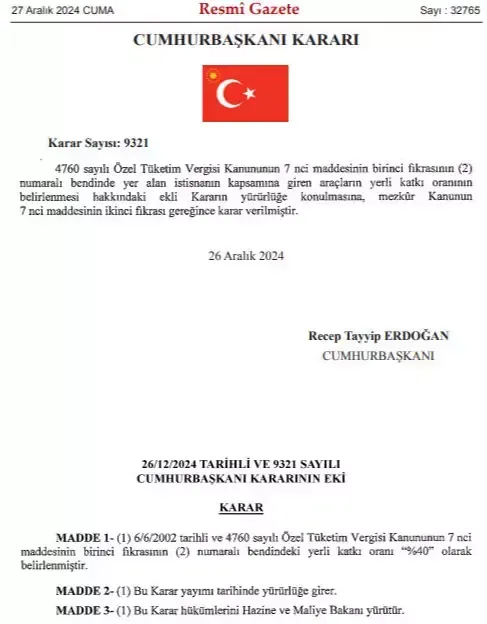 Engelli vatandaşlar için ÖTV'siz araç satışına yeni kurallar getirildi. Yüzde 40 yerlilik oranı şartı ve araç kullanım süresi 10 yıla çıkarıldı. İthal lüks araçlar engelli aracı olamayacak.