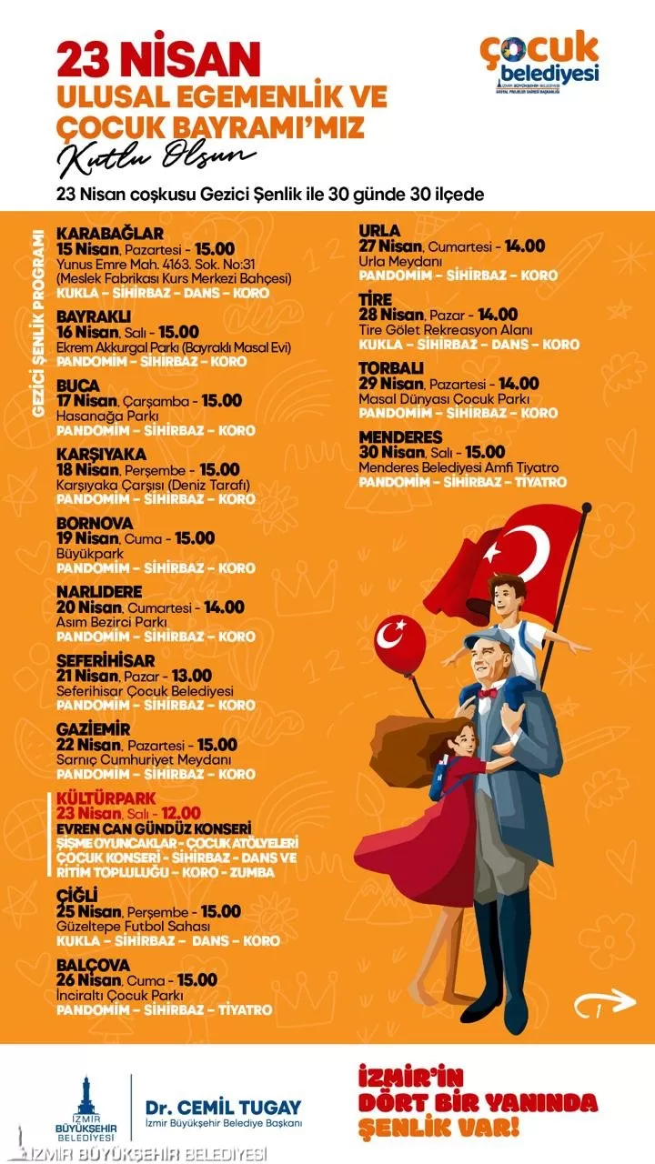 İzmir Büyükşehir Belediyesi, 23 Nisan Ulusal Egemenlik ve Çocuk Bayramı'nı 30 ilçede 30 gün boyunca büyük bir coşkuyla kutlamaya hazırlanıyor. 