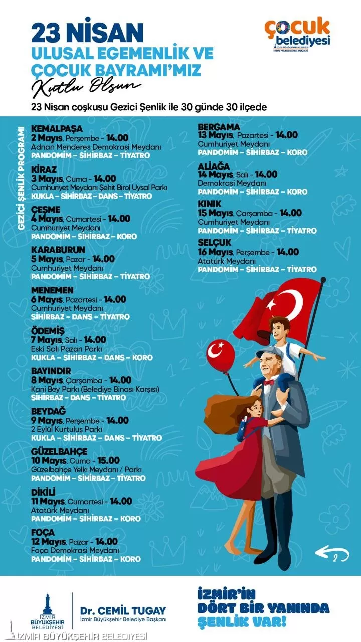 İzmir Büyükşehir Belediyesi, 23 Nisan Ulusal Egemenlik ve Çocuk Bayramı'nı 30 ilçede 30 gün boyunca büyük bir coşkuyla kutlamaya hazırlanıyor. 