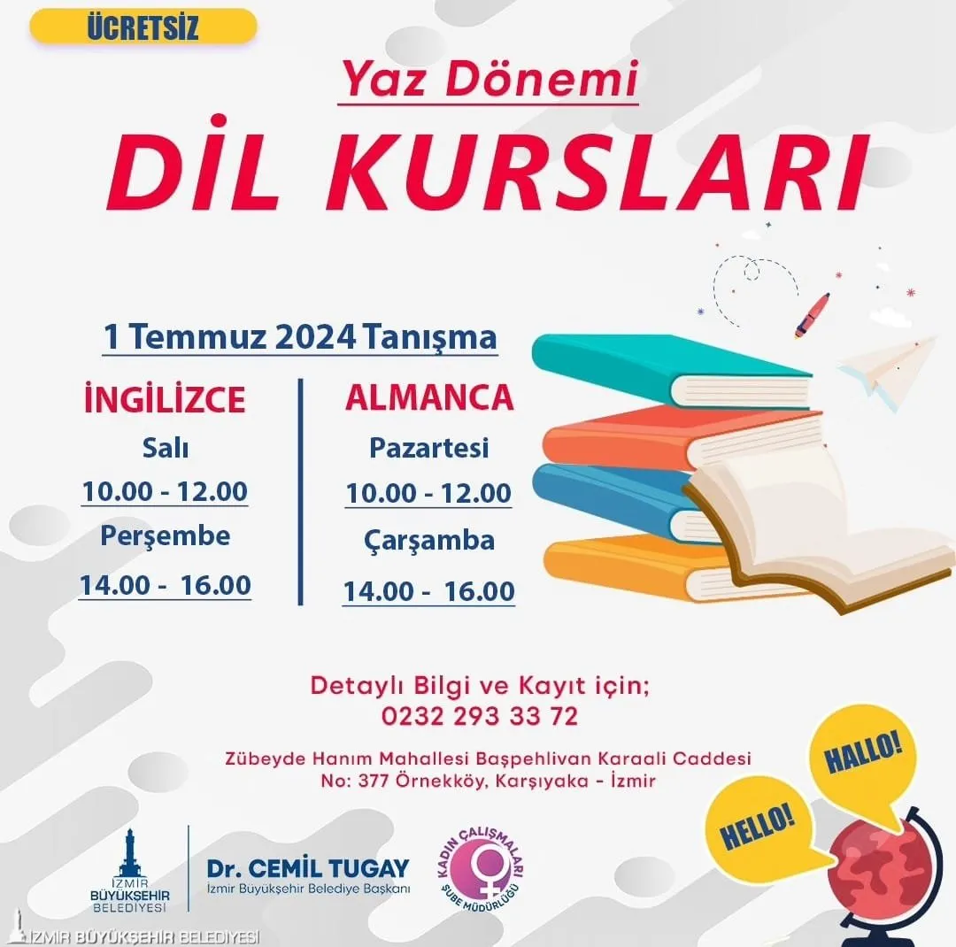 İzmir Büyükşehir Belediyesi Kadın Çalışmaları Şube Müdürlüğü tarafından düzenlenen ücretsiz dil kurslarıyla İzmirli kadınlar bu yaz dil öğrenecek. 