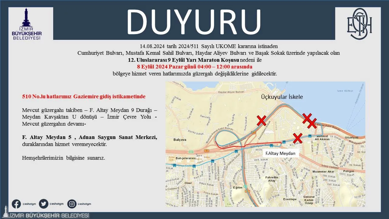 102. Kurtuluş Yıldönümü kutlamaları kapsamında düzenlenecek 12. Uluslararası 9 Eylül Yarı Maratonu nedeniyle, 8 Eylül Pazar günü şehir genelinde ulaşımda önemli değişiklikler yaşanacak. 