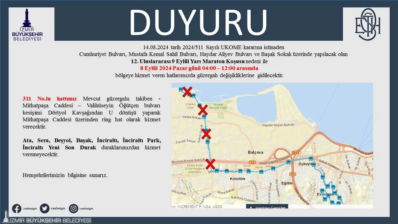 102. Kurtuluş Yıldönümü kutlamaları kapsamında düzenlenecek 12. Uluslararası 9 Eylül Yarı Maratonu nedeniyle, 8 Eylül Pazar günü şehir genelinde ulaşımda önemli değişiklikler yaşanacak. 